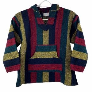 Free People Heavy Boho Striped Beach Poncho Kangaroo Pocket Recycled Fibers S M